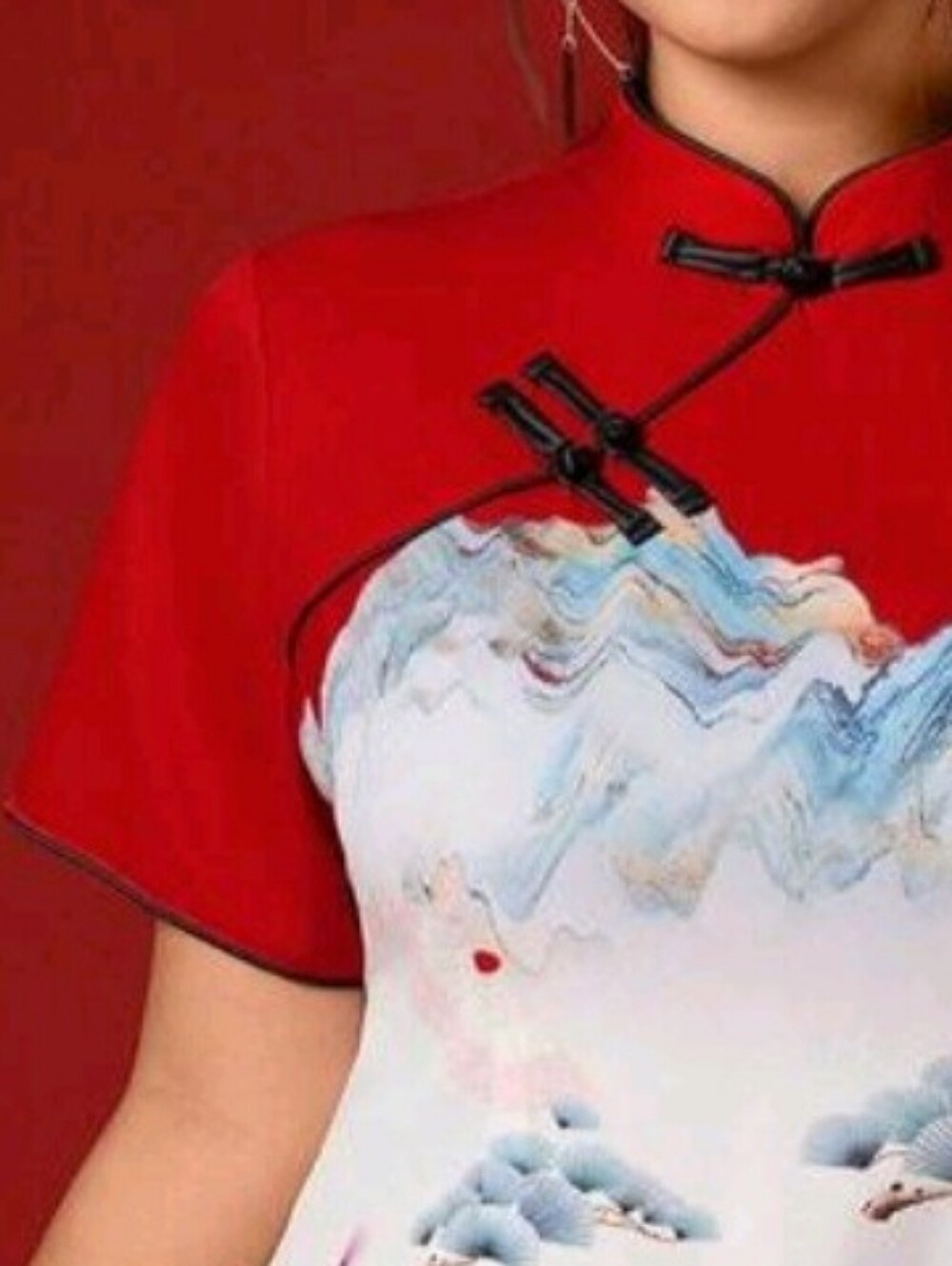 SHEIN Red and White Floral Landscape Cheongsam-Inspired Mini Dress - Picture 9 of 9